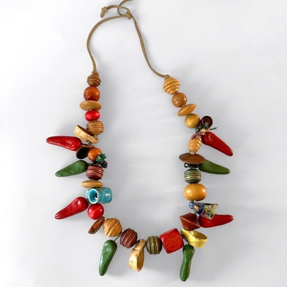 Vintage Mexican Folk Art Clay Wood Necklace - Picture 2 of 9